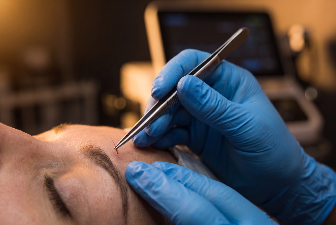 Fine forceps implanting hairs into an eyebrow